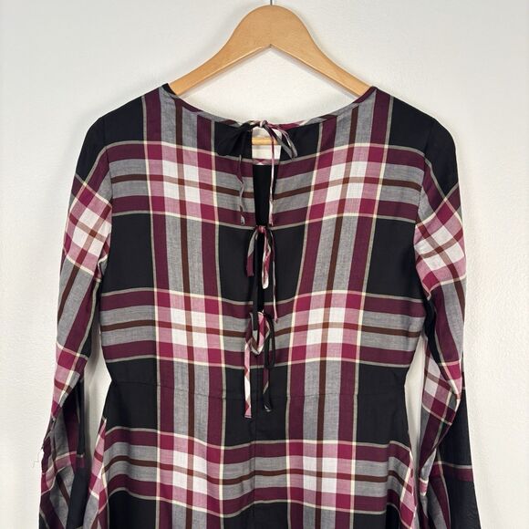 NWT Ann Taylor Loft Black Plaid Tie Back Long Sleeve A Line Dress Size 2P Pink - Picture 6 of 11